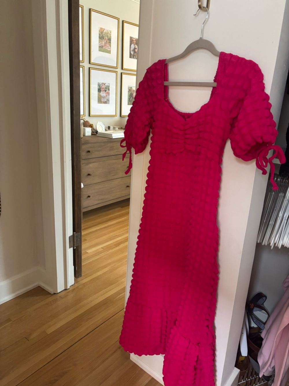 Textured Puff-Sleeve Midi Dress in Bright Fuchsia